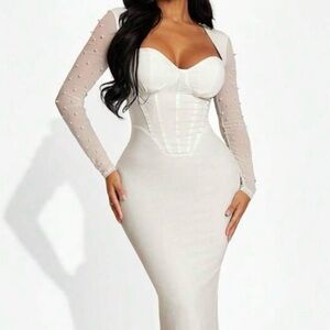 Elegant White Long-Sleeve Mesh Sleeve Midi Dress